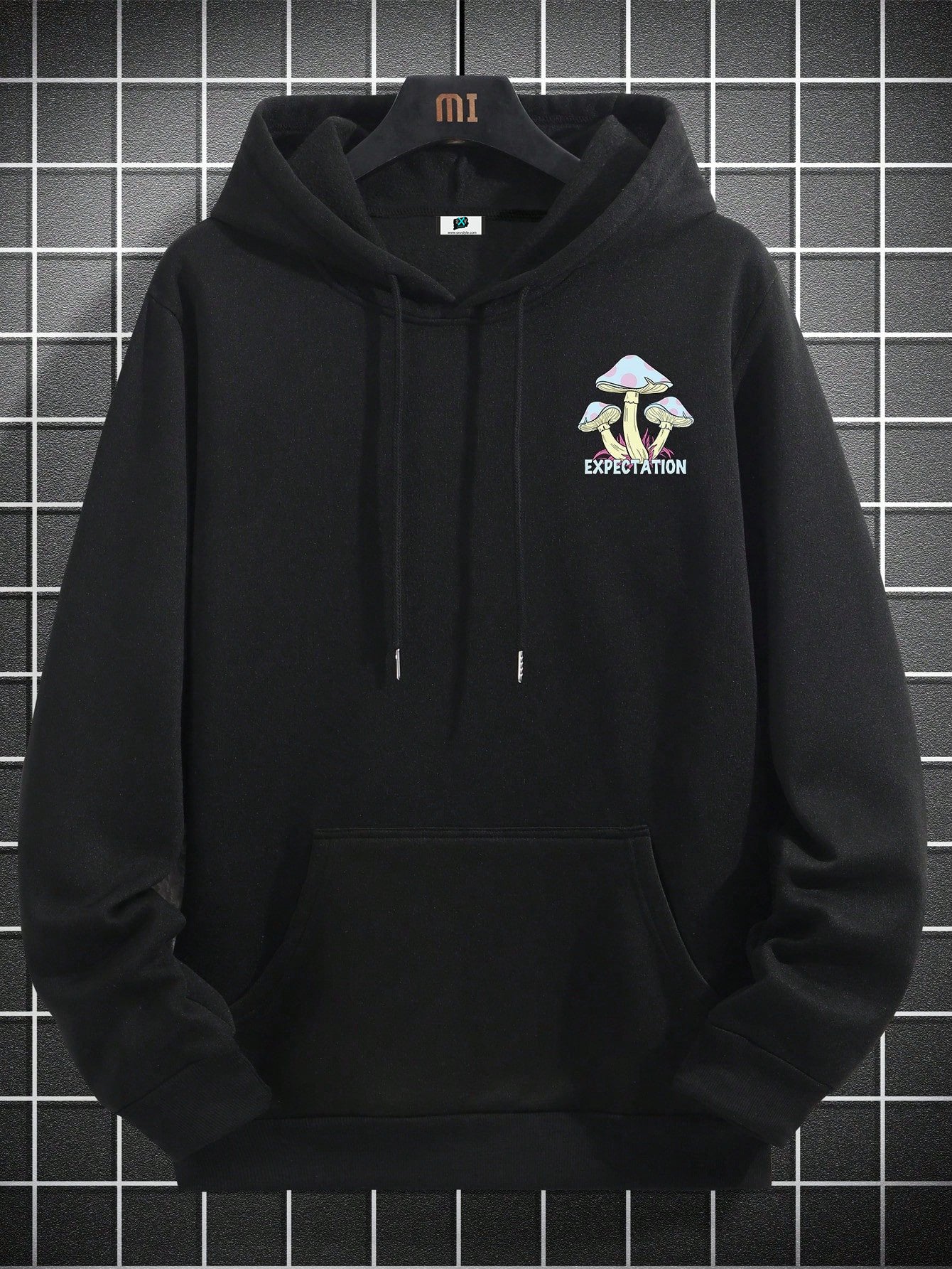 SXV Mushroom & Slogan Graphic Drop Shoulder Hoodie With Drawstring,Long Sleeve