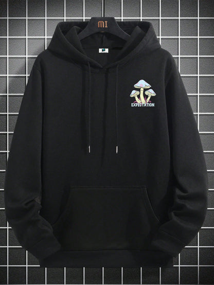 SXV Mushroom & Slogan Graphic Drop Shoulder Hoodie With Drawstring,Long Sleeve