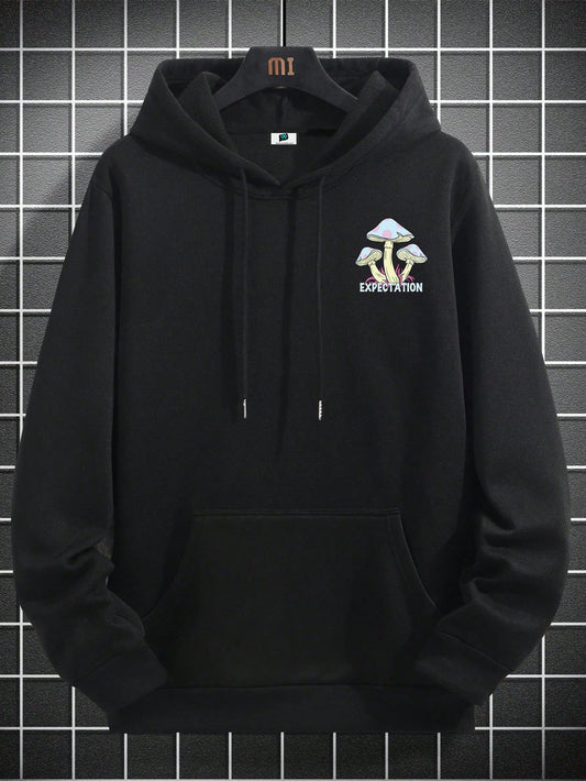 SXV Mushroom & Slogan Graphic Drop Shoulder Hoodie With Drawstring,Long Sleeve