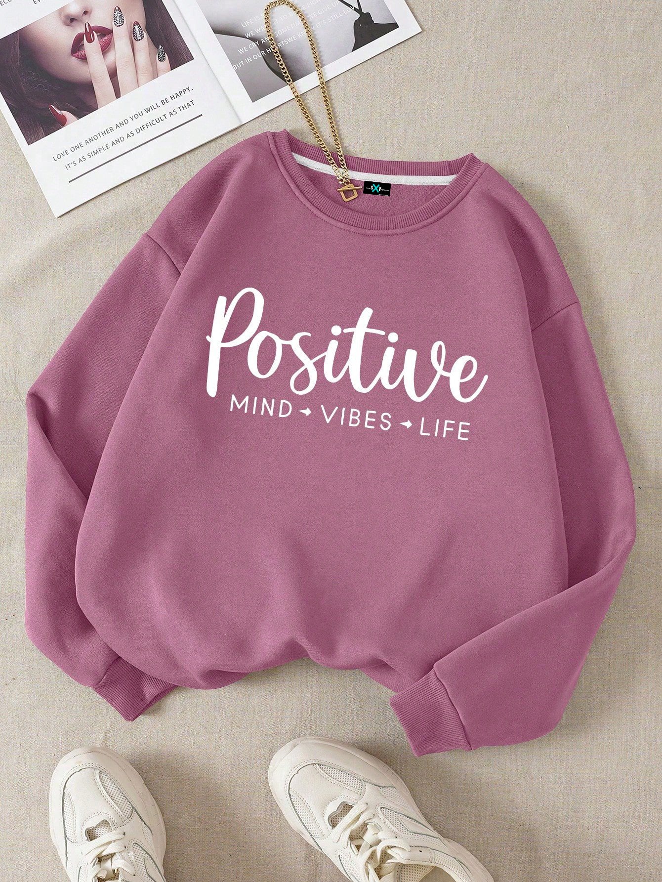 SXV Casual Round Neck Long Sleeve Letter Print Minimalist Sweatshirt, Everyday Wear