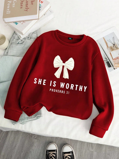 SXV Tween Girl Bow & Letter Print Crew Neck Long Sleeve Sweatshirt