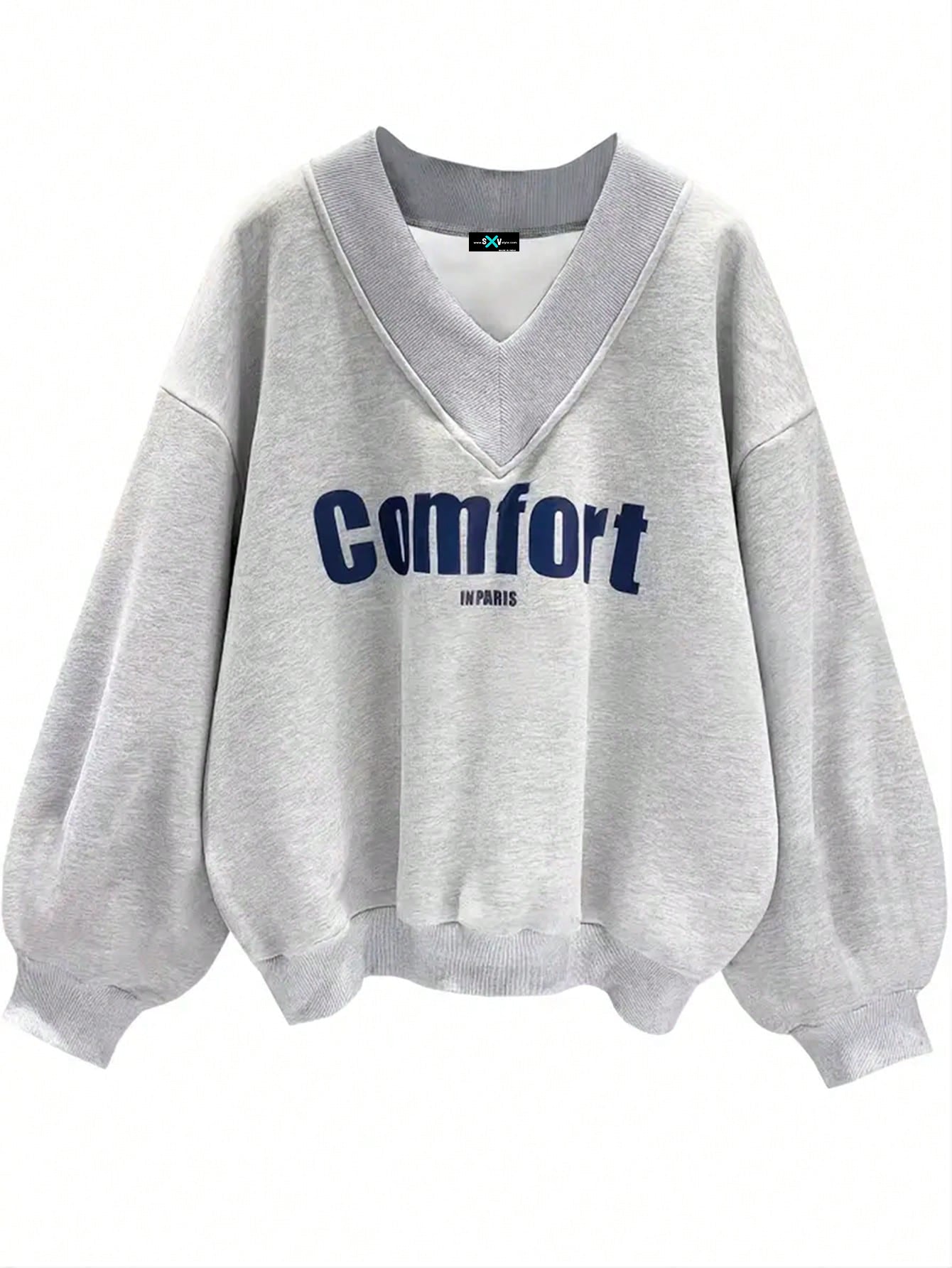SXV Comfort in Paris Printed V Neck Letter Graphic Drop Shoulder Grey Baggy Oversized Sweatshirt