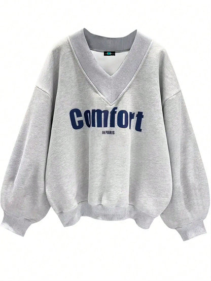 SXV Comfort in Paris Printed V Neck Letter Graphic Drop Shoulder Grey Baggy Oversized Sweatshirt