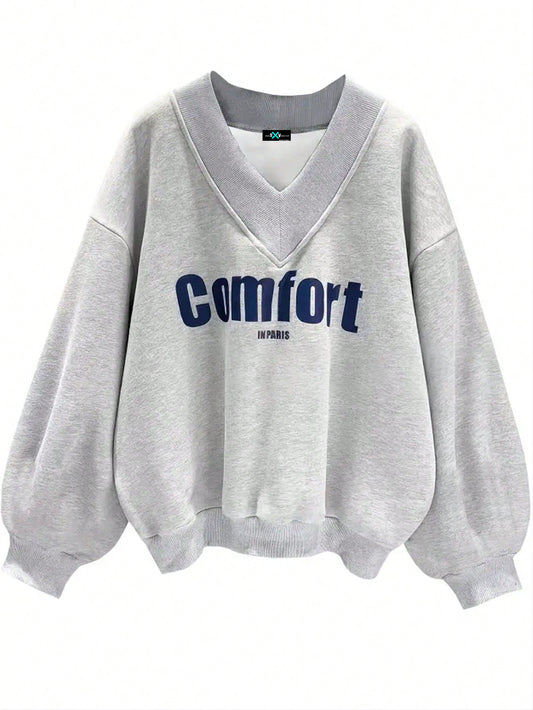 SXV Comfort in Paris Printed V Neck Letter Graphic Drop Shoulder Grey Baggy Oversized Sweatshirt