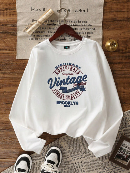 SXV Vintage Women's Casual Cotton Letter Print Round Neck Long Sleeve T-Shirt, Loose Fit & Versatile, Spring