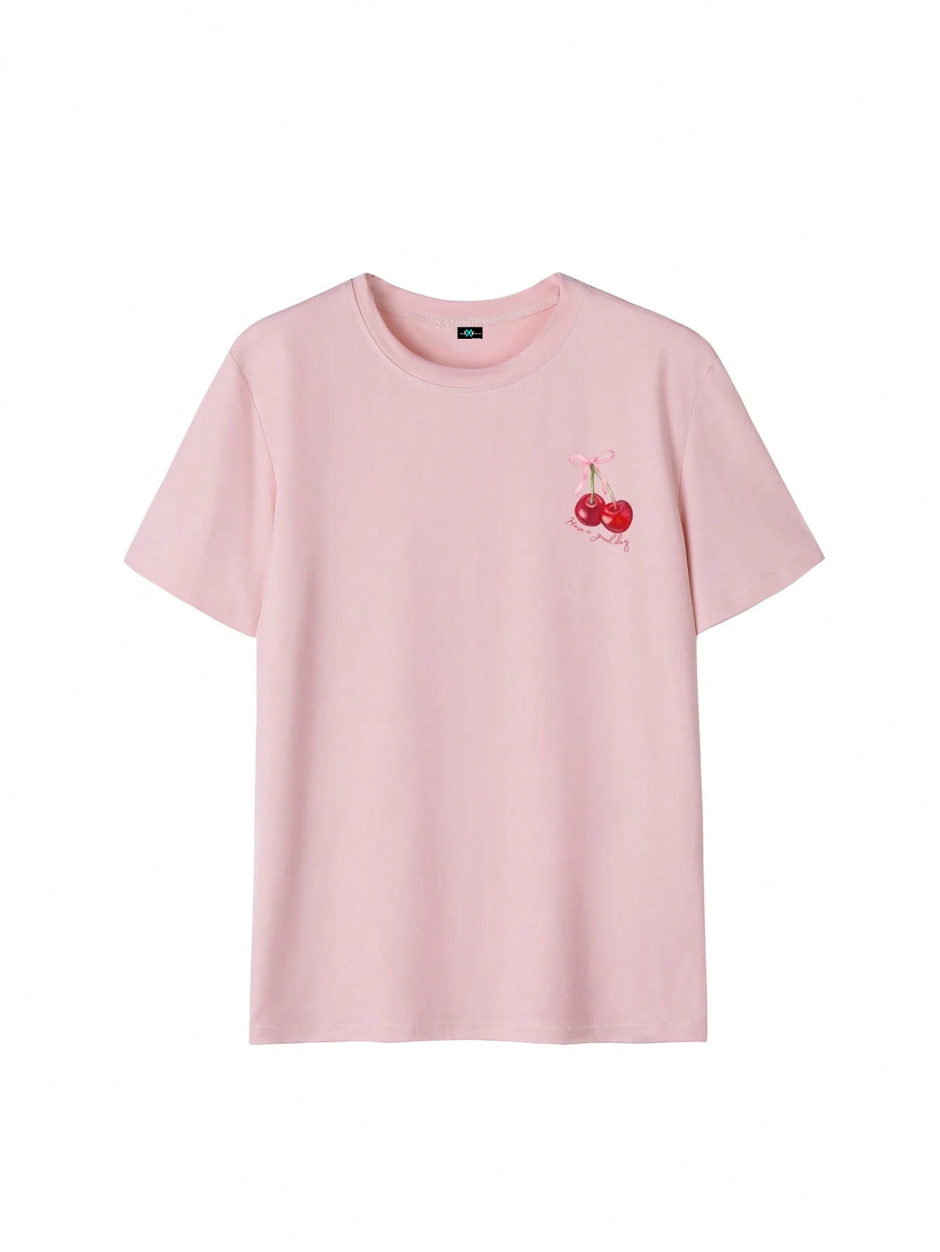 SXV cherry bow have a good day Letter Print Cheongsam Pattern Round Neck Short Sleeve T-Shirt
