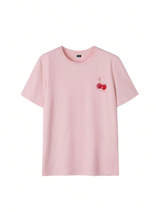 SXV cherry bow have a good day Letter Print Cheongsam Pattern Round Neck Short Sleeve T-Shirt