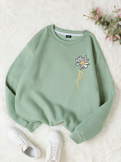 SXV Letter & Floral Print Thermal Pullover