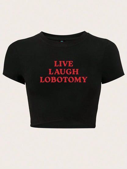 SXV Summer Leisure Logo Printed Slim Fit Cropped T-Shirt LIVE LAUGH LOBOTOMY