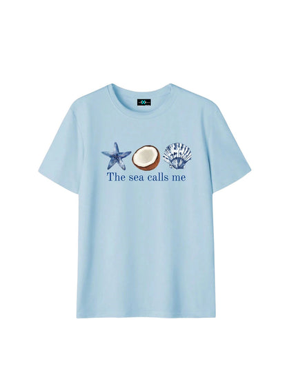 SXV Beach Star Coconut Shell Letter Print Round Neck Short Sleeve T-Shirt