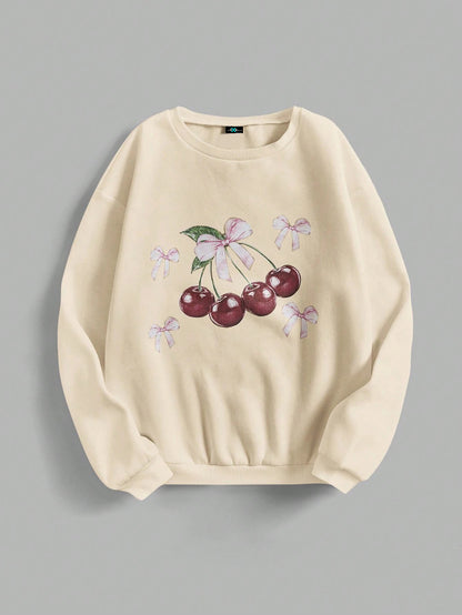 SXV 'CHERRIES AND BOW’ Printed Cool Aesthetic Drop Shoulder Oversized Baggy Sweatshirt