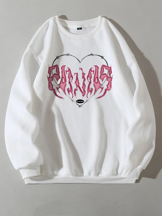 SXV Heart and Letter Graphic Thermal Lined Sweatshirt