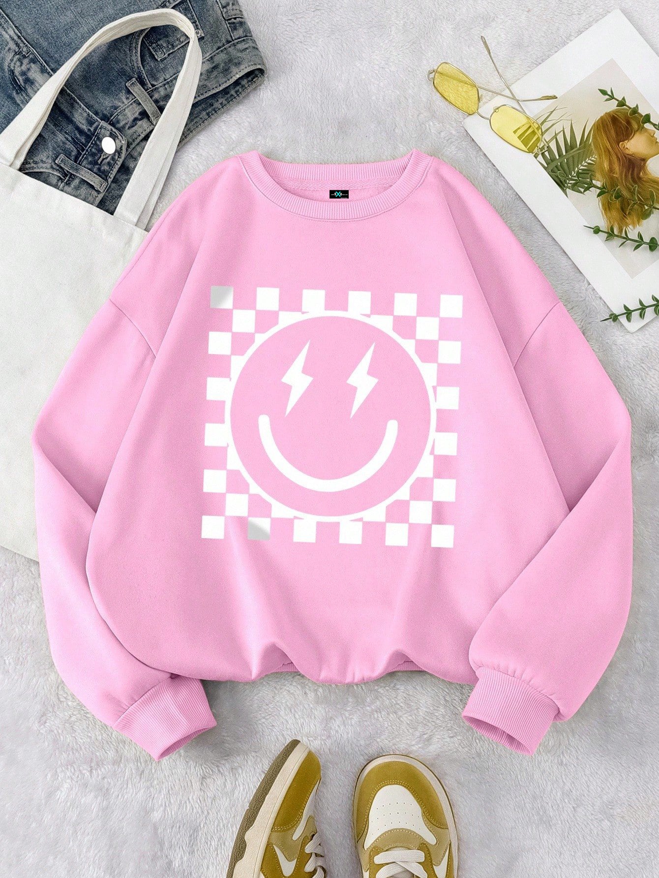 SXV Women's Casual Checkered Printed Fleece Sweatshirt