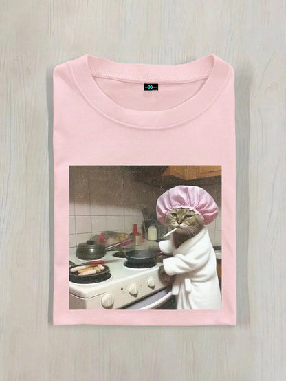 SXV Women's Fitted T-Shirt With Funny Cat Chef Graphic, Casual Summer Top