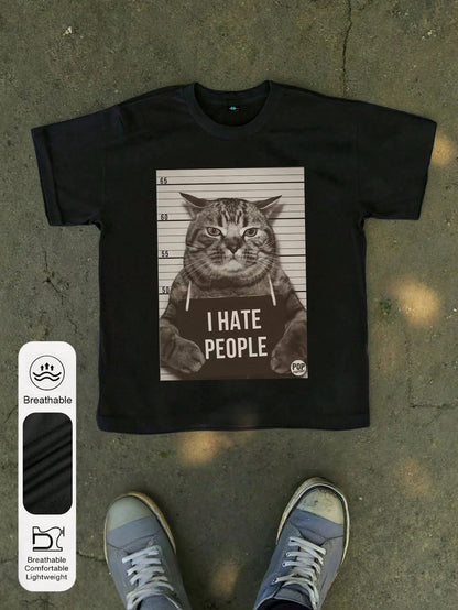 SXV i hate people Women's Funny Cat Letter Print Round Neck Short Sleeve Simple Casual Everyday T-Shirt