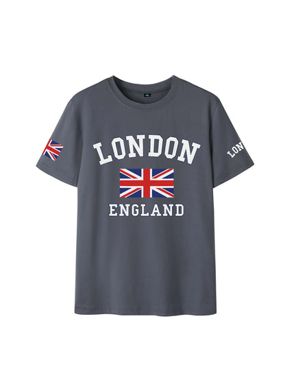 SXV Summer London Letter Print Cheongsam Pattern Round Neck Short Sleeve T-Shirt