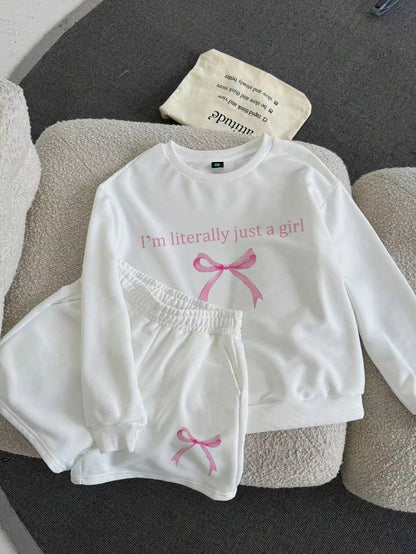 SXV 2pcs Casual Minimalist i am litterally just a girl Pattern Round Neck Long Sleeve Loose Top For Women