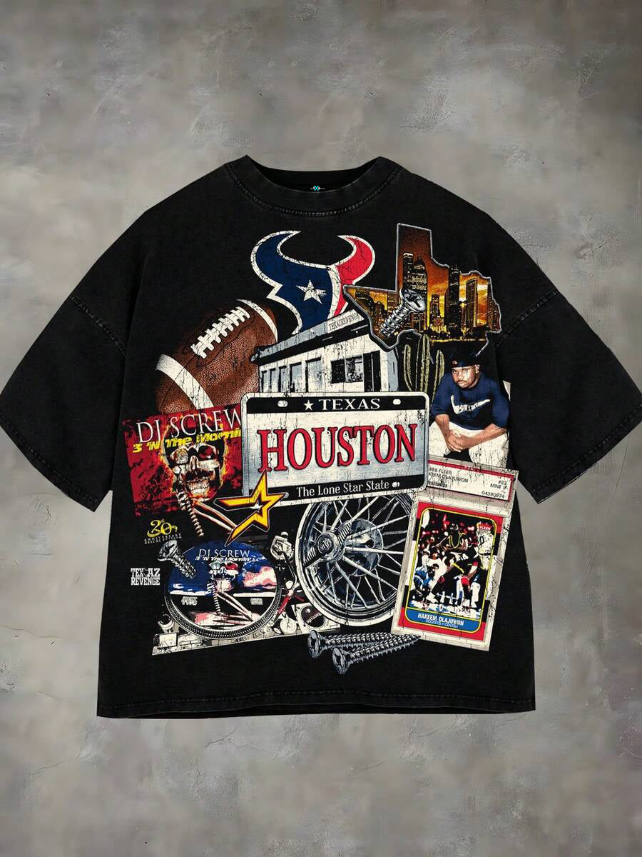 SXV 100% Cotton Material, Men's Summer Shirt, Collage Art Houston Texans Logo