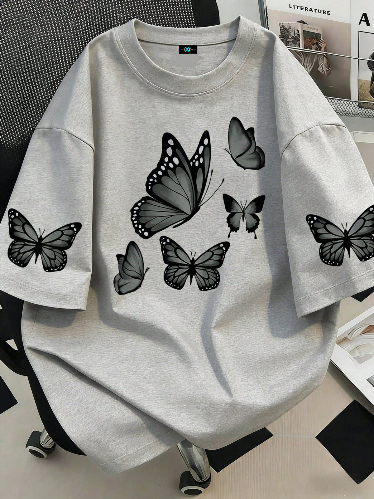 SXV Butterfly Print Loose Fit T-Shirt, Suitable For Summer