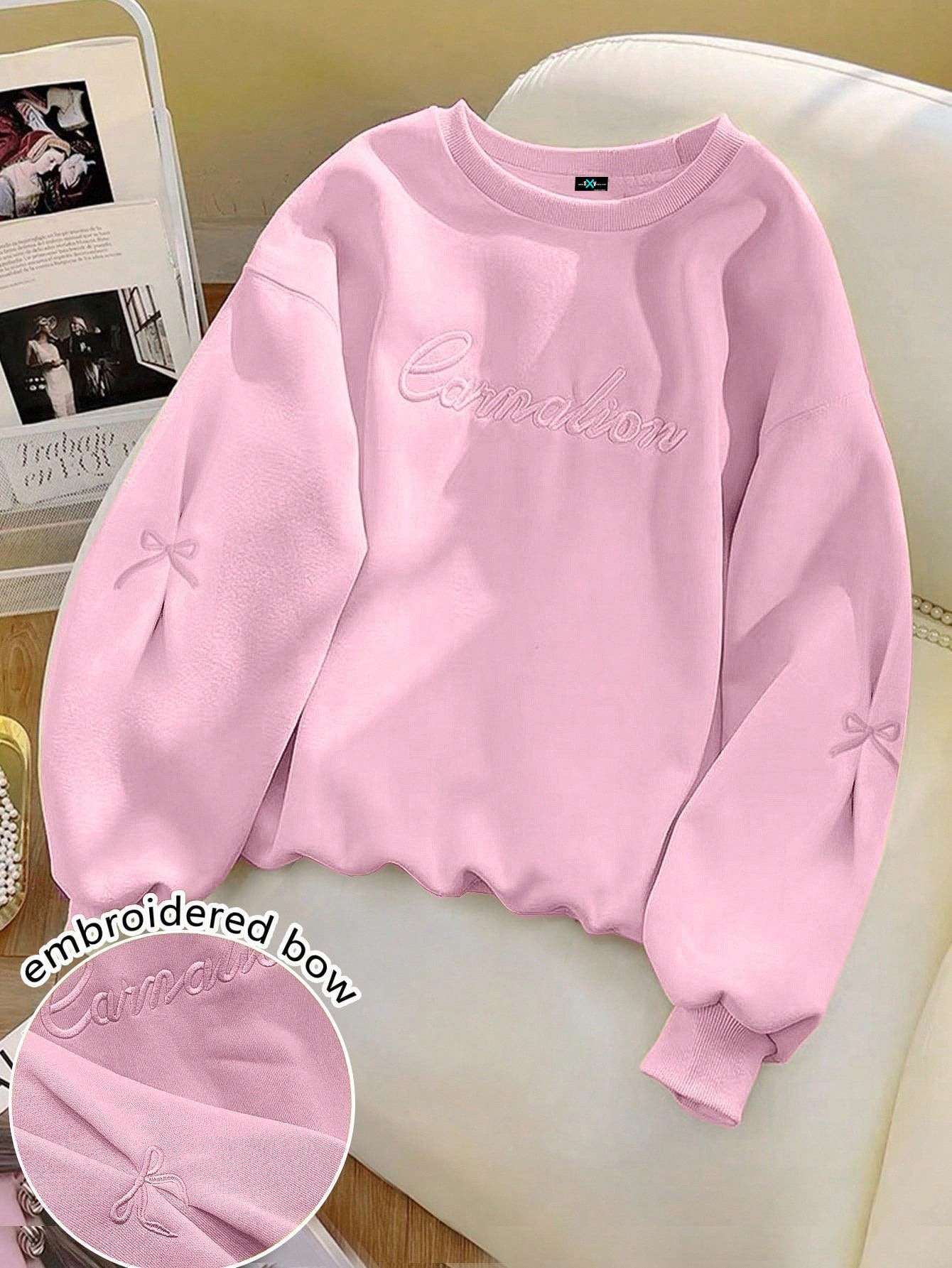 SXV Women's Embroidered Letter Pattern Crew Neck Long Sleeve Comfortable Pullover