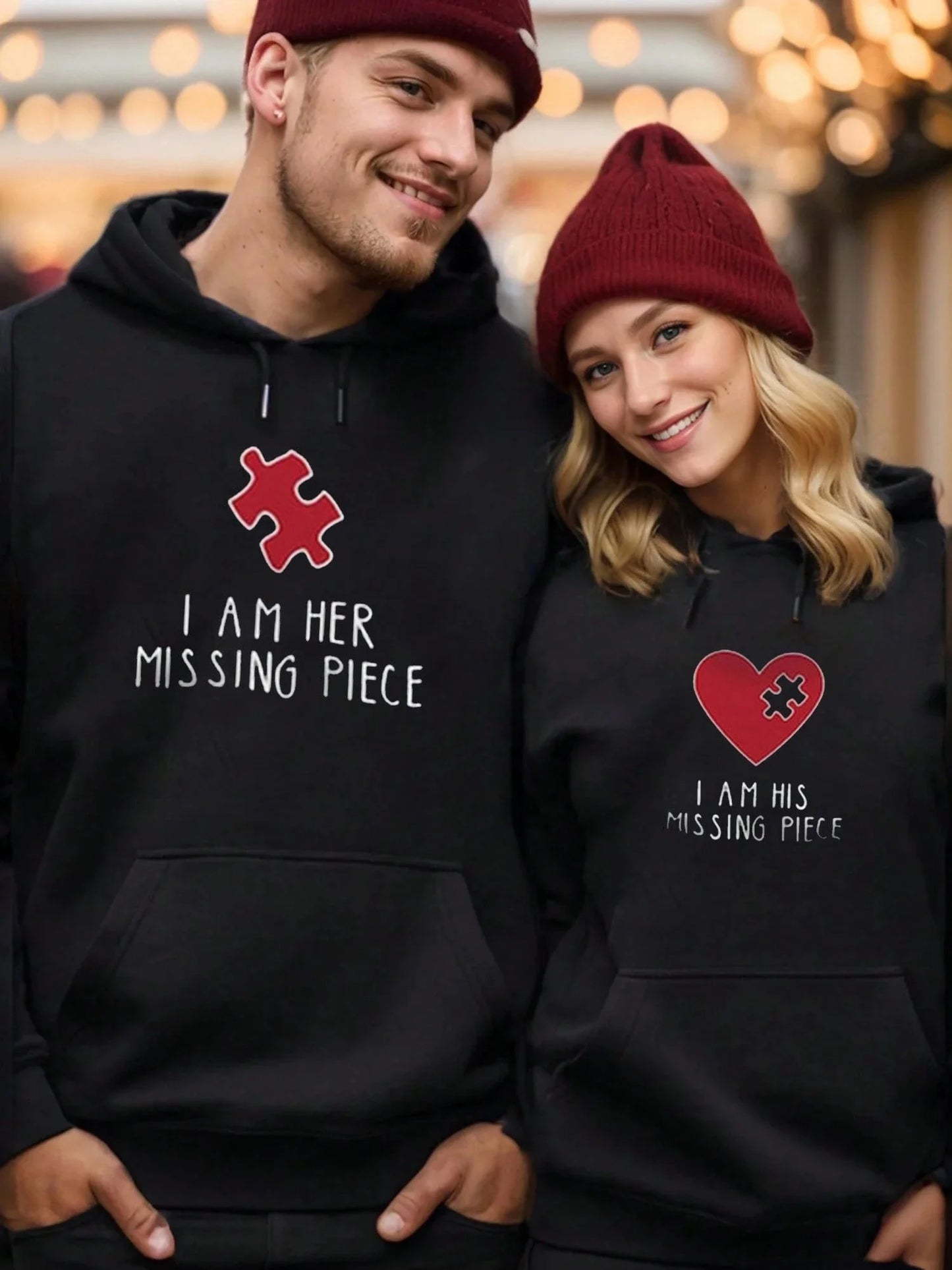 SXV Heart Design Couple Hoodie Sweatshirt, I AM HER MISSING PIECE Letter Print, Casual Style, Long Sleeve, Ideal For Valentine'S Day And Christmas Gifts, Bride & Groom, Anniversary Gifts,