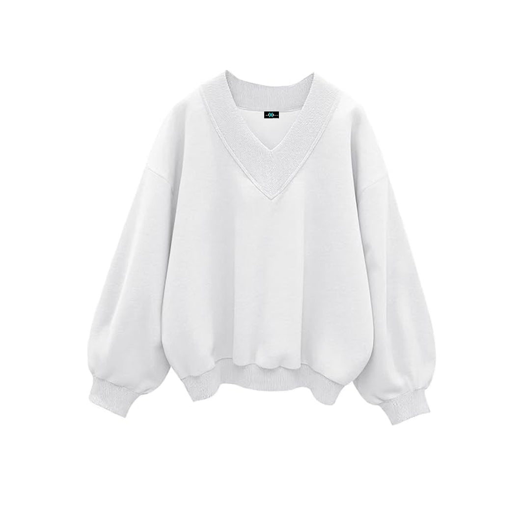 SXV V neck Letter Graphic Drop Shoulder White Baggy Oversized Sweatshirt