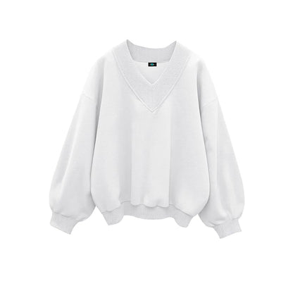 SXV V neck Letter Graphic Drop Shoulder White Baggy Oversized Sweatshirt