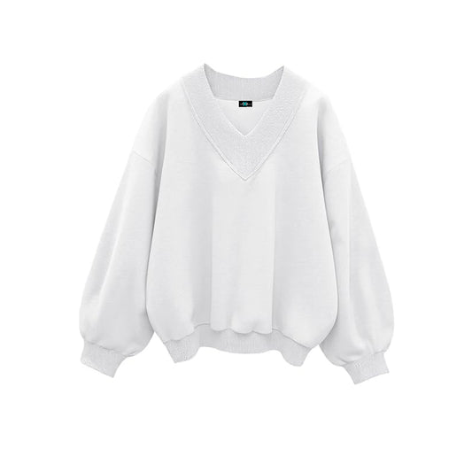 SXV V neck Letter Graphic Drop Shoulder White Baggy Oversized Sweatshirt