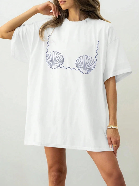 SXV Women's Summer Bikini Shell Pattern Print Round Neck Short Sleeve Simple Casual Daily White Plus Size T-Shirt Tops, Bikini Pattern T-Shirt, Bikini T-Shirt, Underwear Top T-Shirt