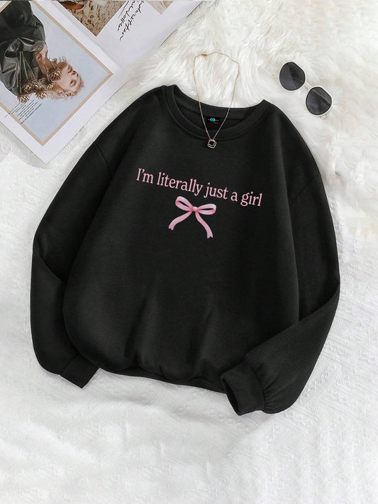 SXV i am literally just a girl Fleece Sweatshirt, Pink Slogan & Bow Design, Fall