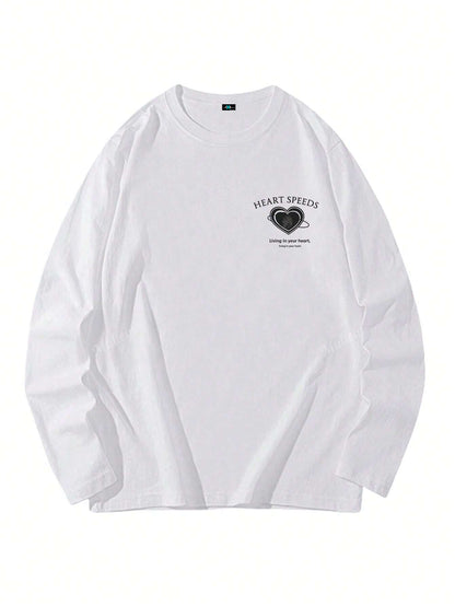 SXV Heart Print Long Sleeve Round Neck T-Shirt, Casual Loose Fit Versatile Top For Women, Autumn