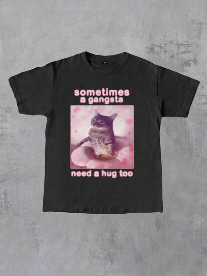 SXV Even Gangsters Sometimes Need A Hug Funny Cat Graphic Print Women Round Neck T-Shirt