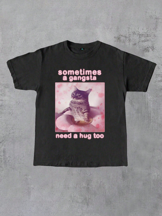 SXV Even Gangsters Sometimes Need A Hug Funny Cat Graphic Print Women Round Neck T-Shirt