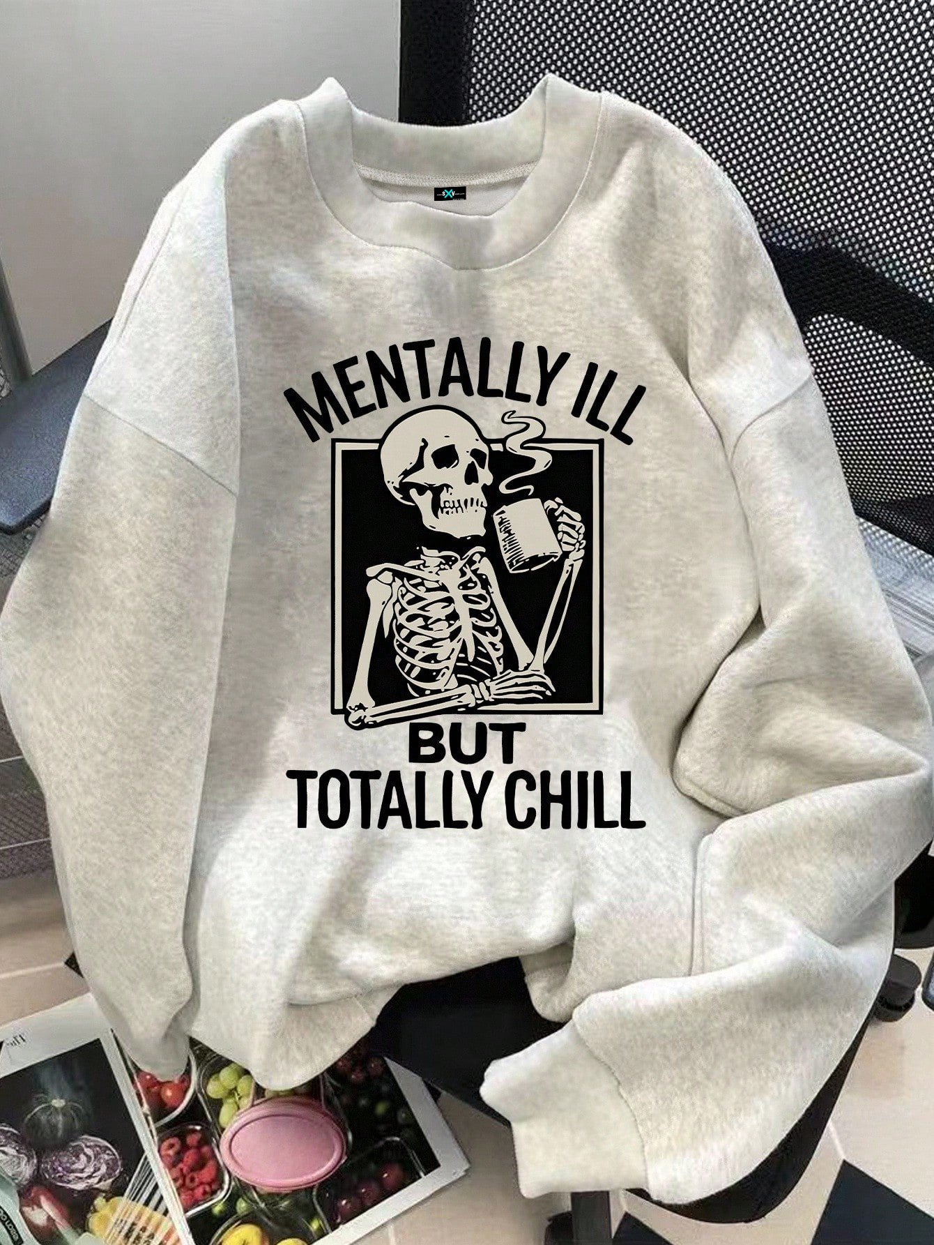 SXV Mentally ill but totally chill Women's Casual Loose Fit Slogan & Skull Print Crew Neck Long Sleeve Sweatshirt