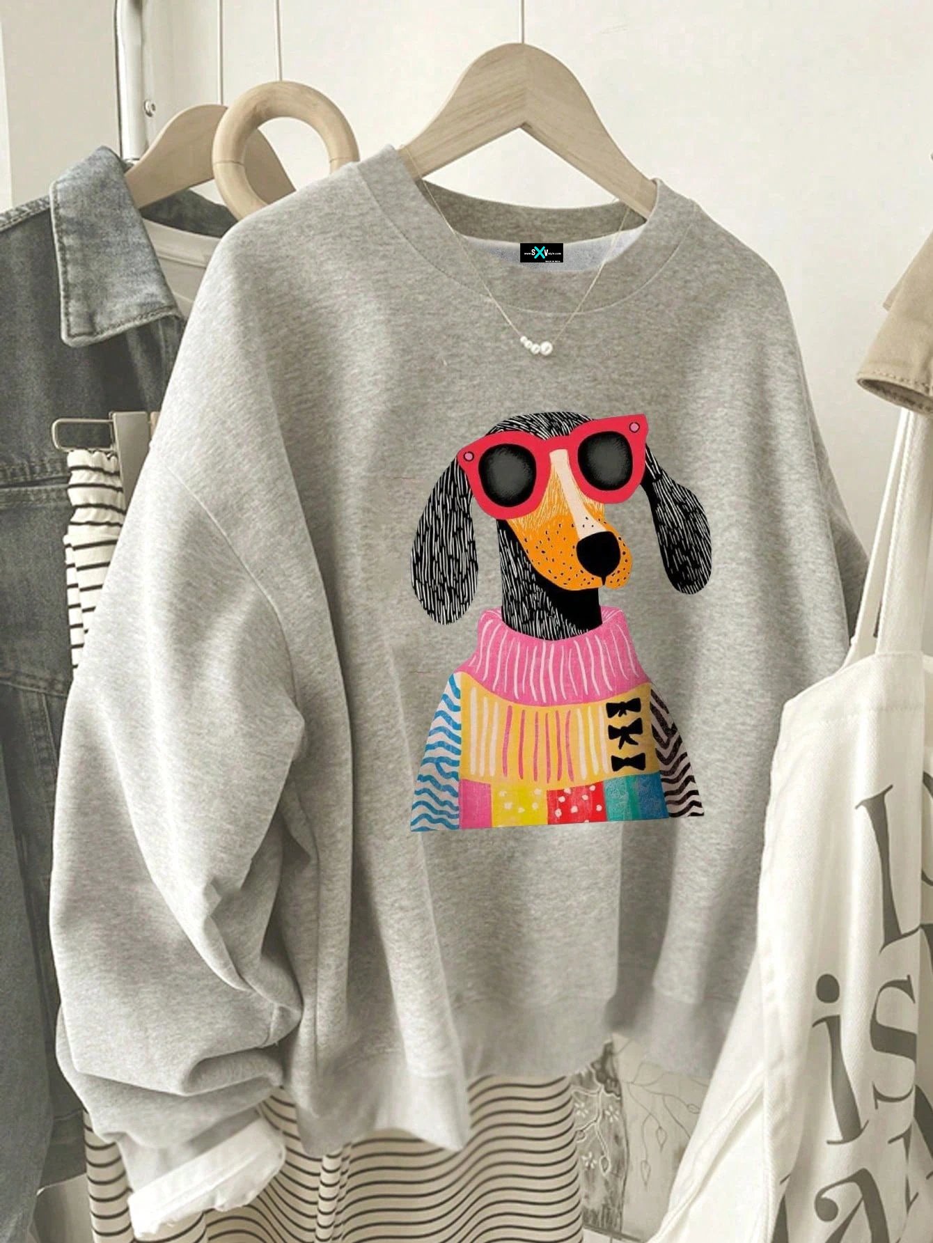 SXV Cute Dog Graphic Oversized Crew Neck Long Sleeve Sweatshirt