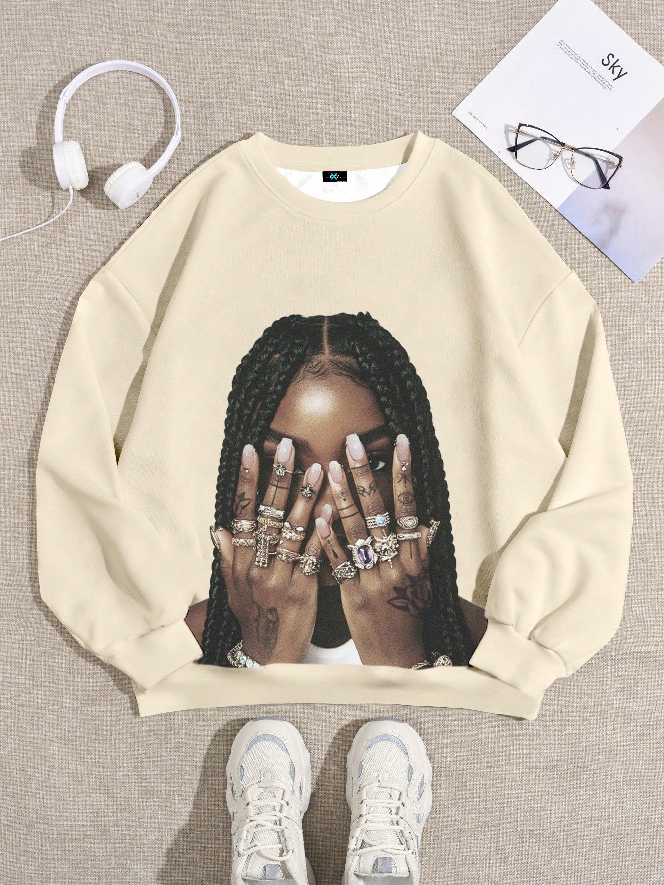 SXV Casual Braids Punk Tattoo Graphics Round Neck Loose Fit Women Sweatshirt