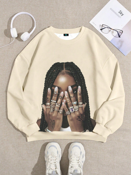 SXV Casual Braids Punk Tattoo Graphics Round Neck Loose Fit Women Sweatshirt