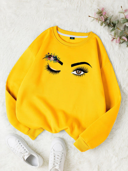 SXV Floral And Eyes Print Thermal Lined Sweatshirt,Long Sleeve Tops Fall Cloth For Women