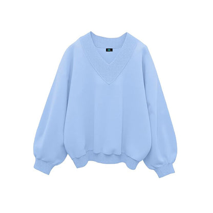 SXV V neck Letter Graphic Drop Shoulder Sky blue Baggy Oversized Sweatshirt