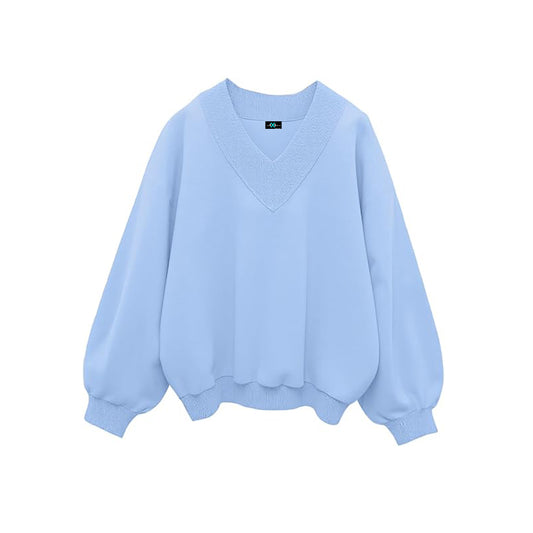 SXV V neck Letter Graphic Drop Shoulder Sky blue Baggy Oversized Sweatshirt