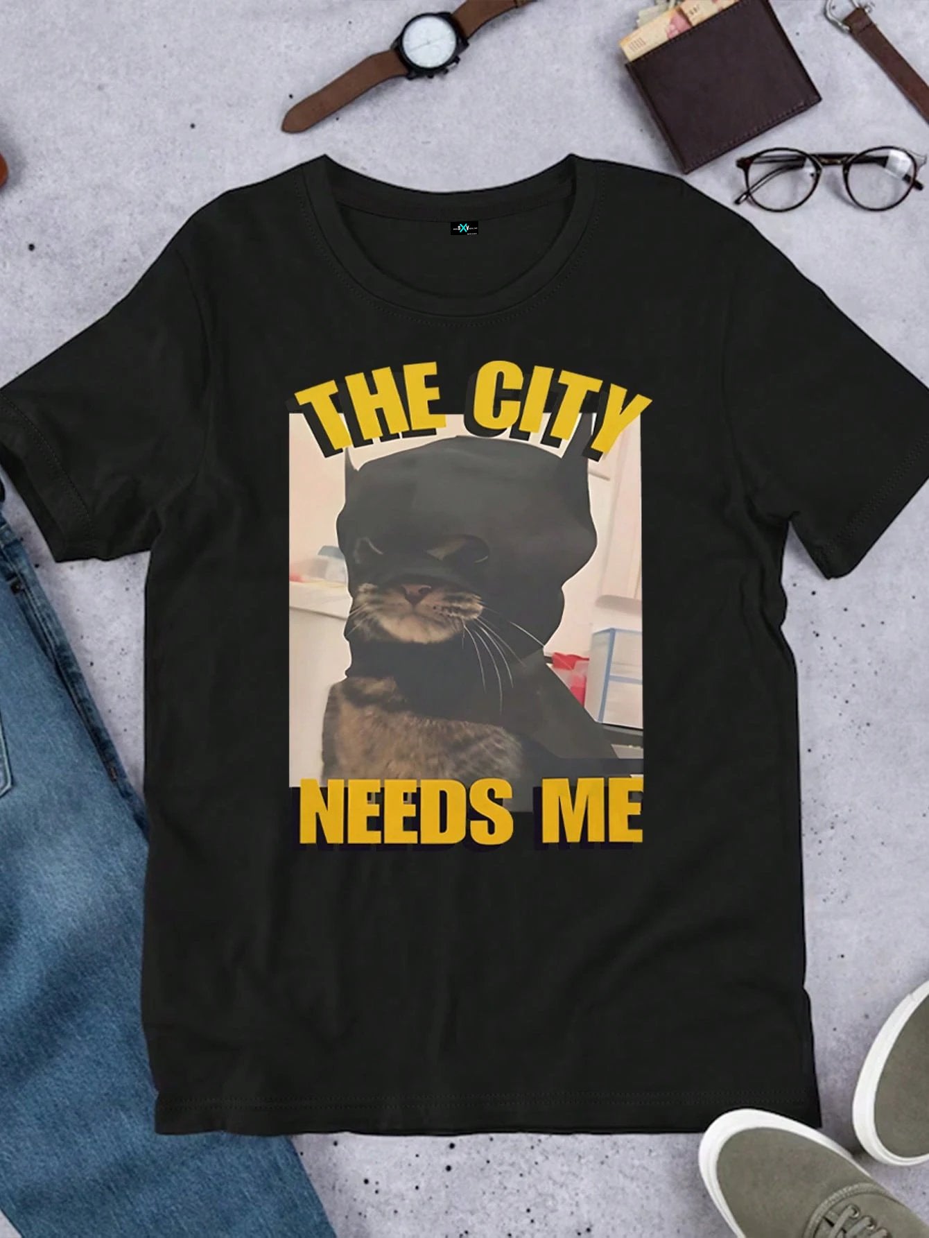 SXV Graphic Cat Face & English Text This City Needs Me Relaxed Fit Round Neck T-Shirt