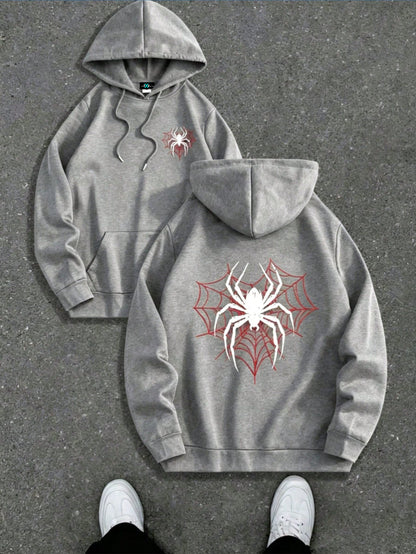 SXV Casual Hoodie Sweatshirt With Spider Web Theme And Spider Print Pattern, Featuring Pocket And Drawstring Details