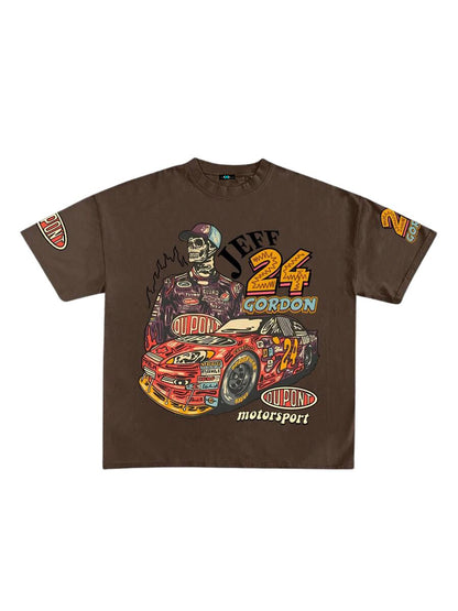 SXV Streetwear Text & Racecar Graphic Loose Fit Brown Short Sleeve T-Shirt