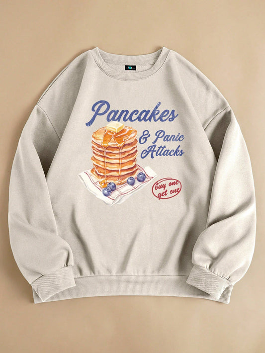 SXV Pancakes and panic attacks Women Letters & Dessert Print Crew Neck Casual Everyday Sweatshirt