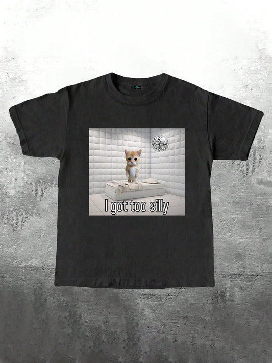 SXV i got too silly Funny Sad Crying Cat Graphic Short Sleeve T-Shirt