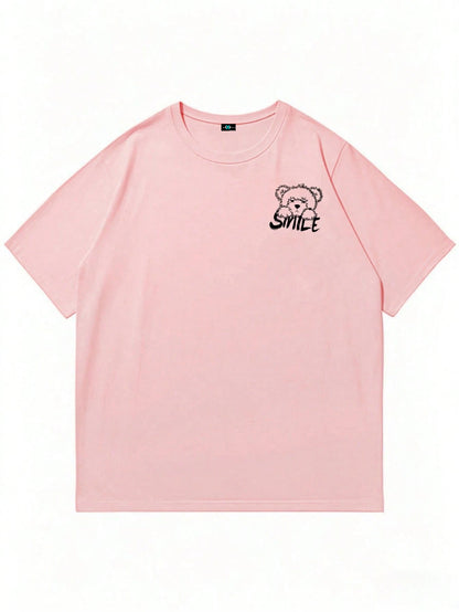 SXV SMILE Letter Print Round Neck Short Sleeve T-Shirt, Coffee Color