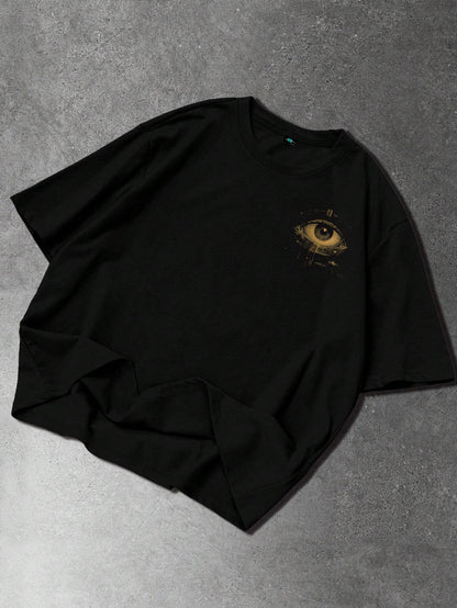 SXV Casual Commuter Eye & Letter Print Short Sleeve Black T-Shirt