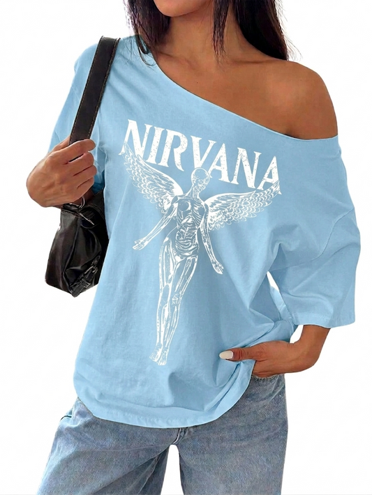 SXV NIRVANA SKY Print Casual Loose Fit One Shoulder T-Shirt For Women