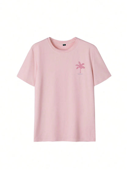 SXV Summer New Palm Tree Slogan Print Casual Round Neck Short Sleeve T-Shirt