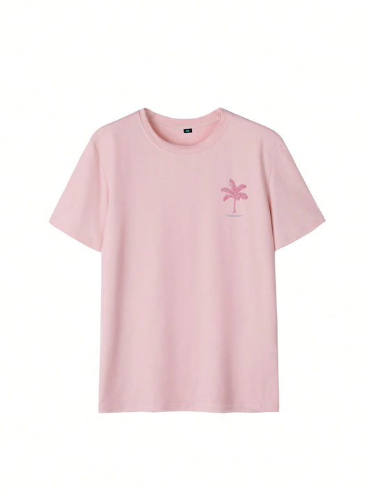 SXV Summer New Palm Tree Slogan Print Casual Round Neck Short Sleeve T-Shirt